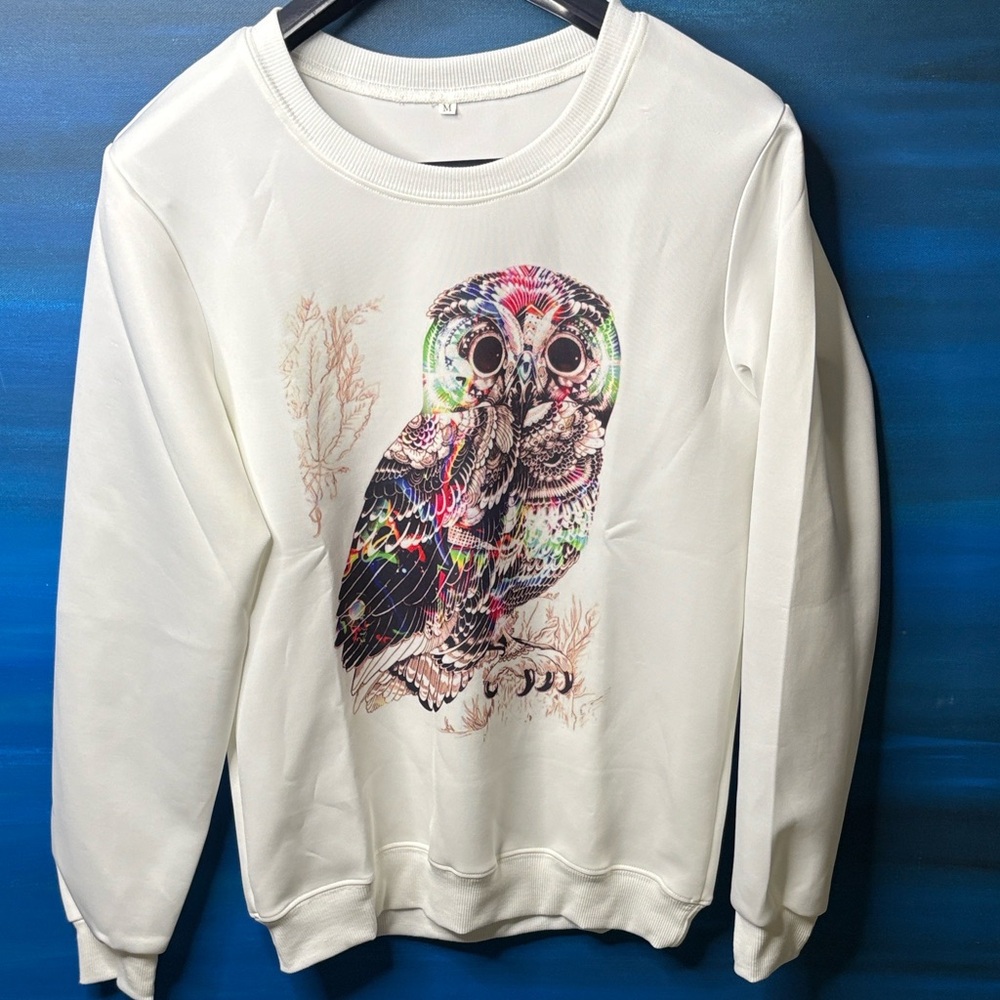 Colorful Owl Long Sleeve White Sweatshirt Size M